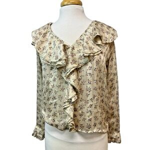 NWT Souvenir Camiica Panna Double Ruffle V-Neck Top Semi Sheer Tan Floral SZ S